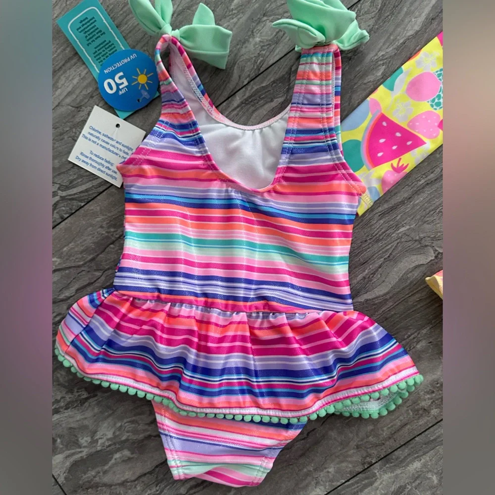 Girls Neon Pineapple Swim Set + Striped One-Piece - Bright Yellow &‎ Pink LOT